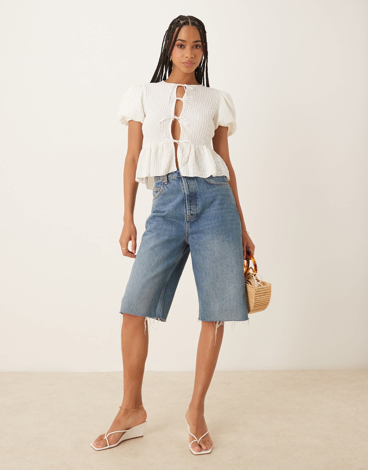 Mango crinkle textures tie front blouse in cream