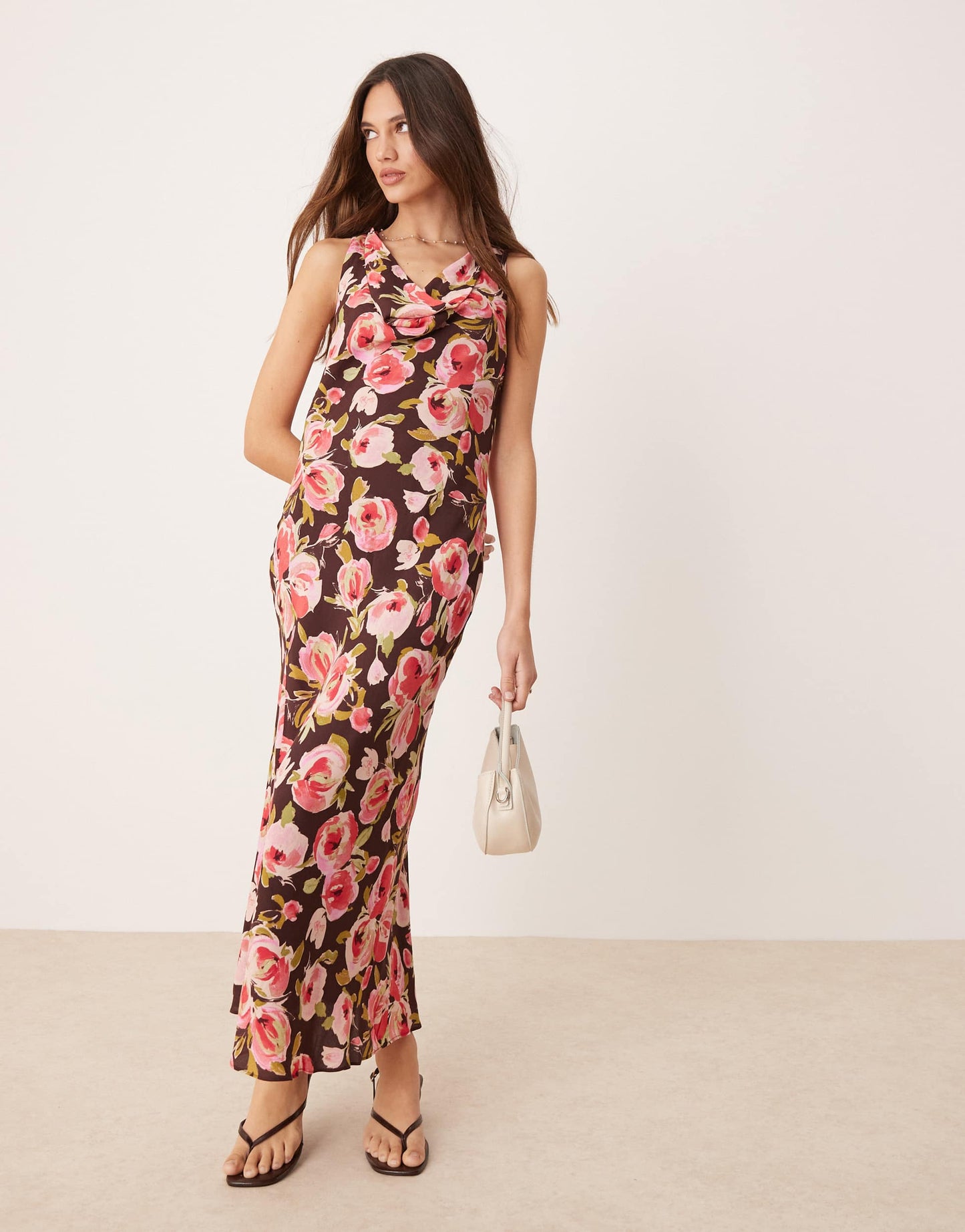 Mango floral print cowl neck midaxi dress in brown