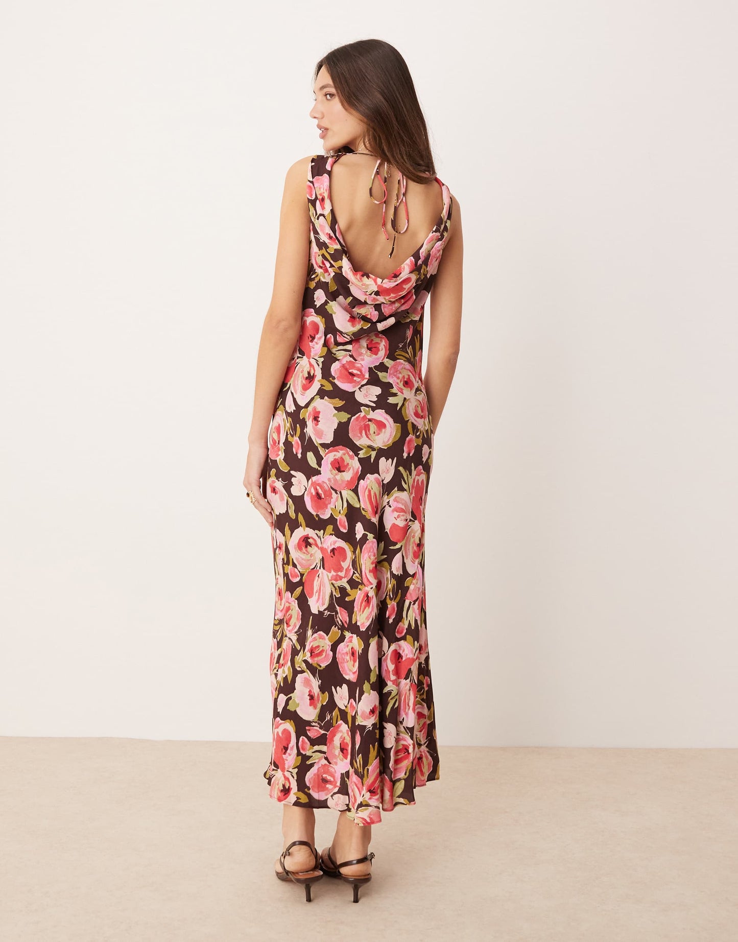 Mango floral print cowl neck midaxi dress in brown