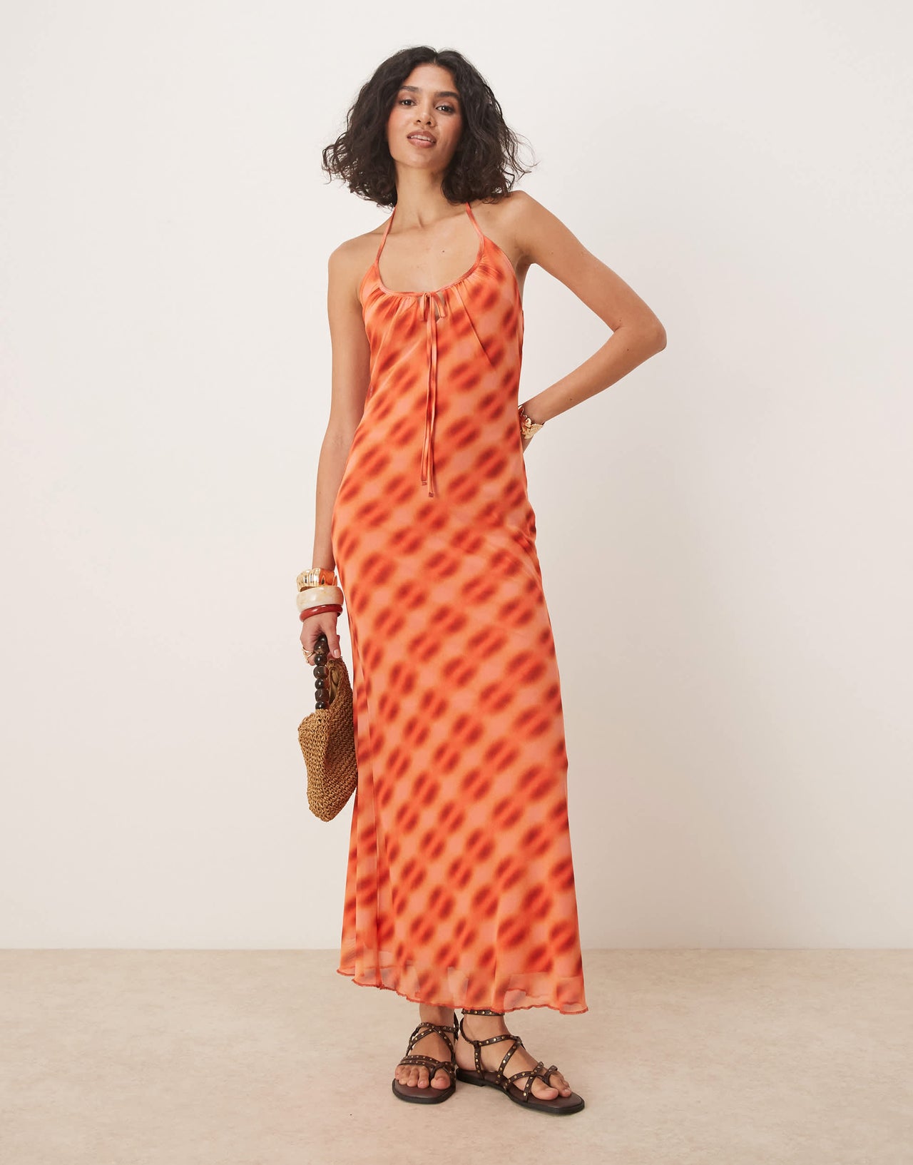 ASOS DESIGN mesh halter neck midi dress in orange check