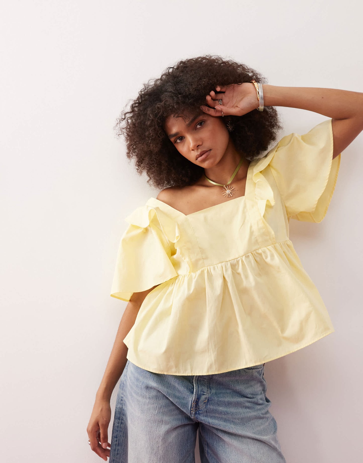Reclaimed Vintage baby doll smock top with frills in buttermilk yellow