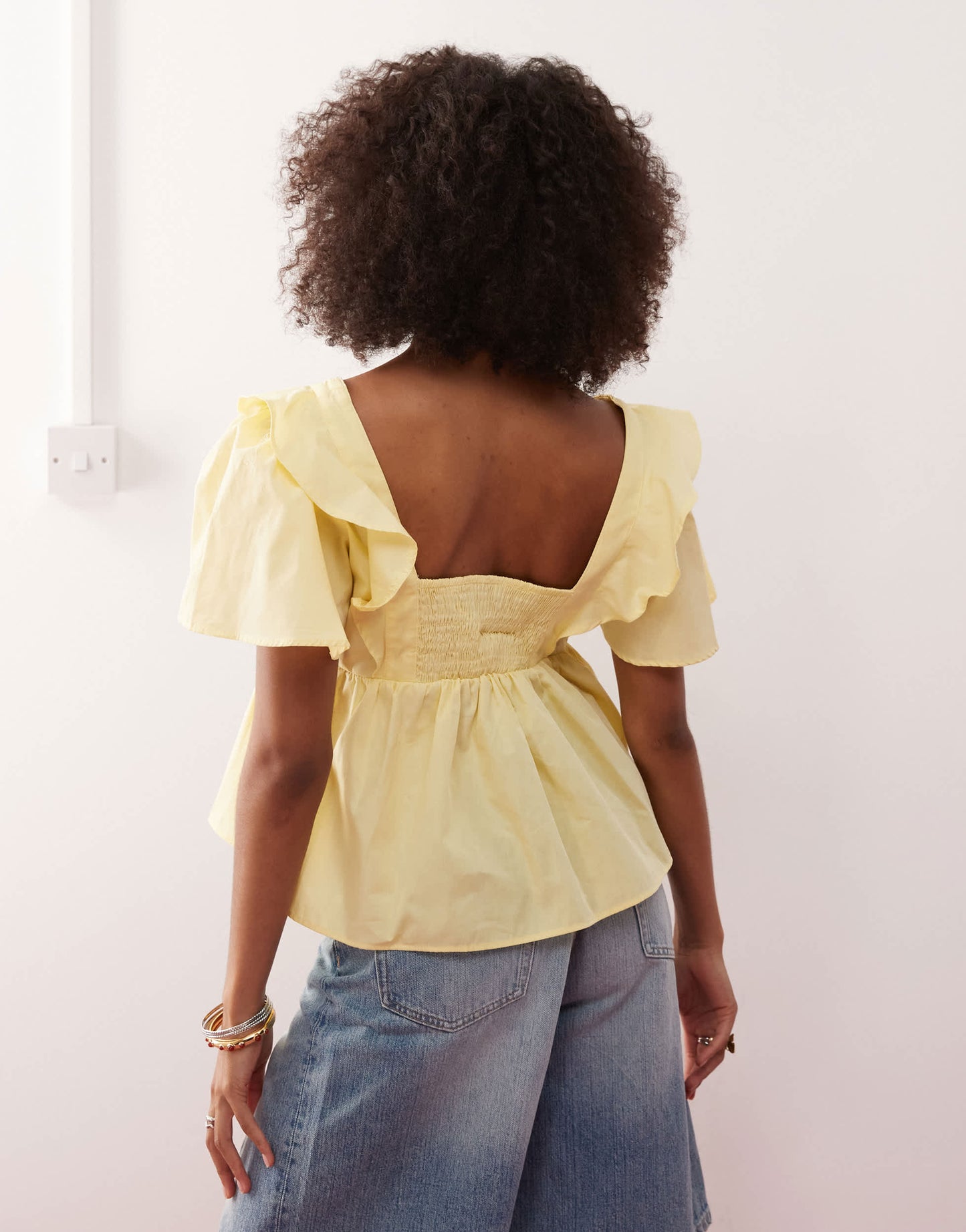 Reclaimed Vintage baby doll smock top with frills in buttermilk yellow