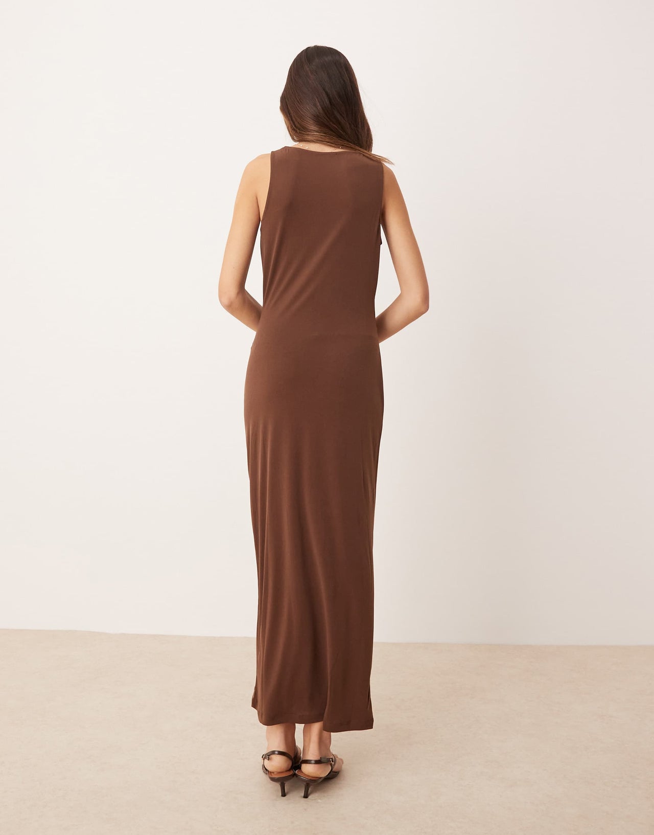 Mango cinched waist maxi dress with gold accent shoulder in chocolate brown