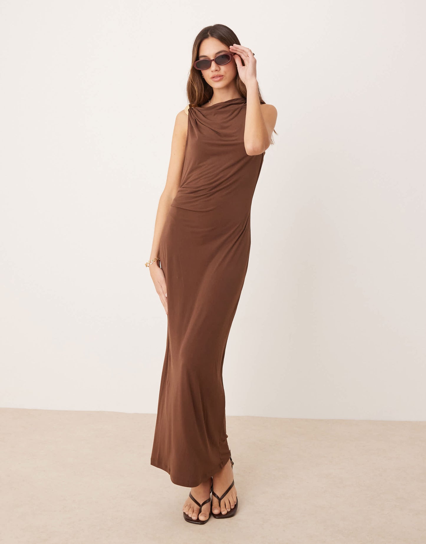 Mango cinched waist maxi dress with gold accent shoulder in chocolate brown