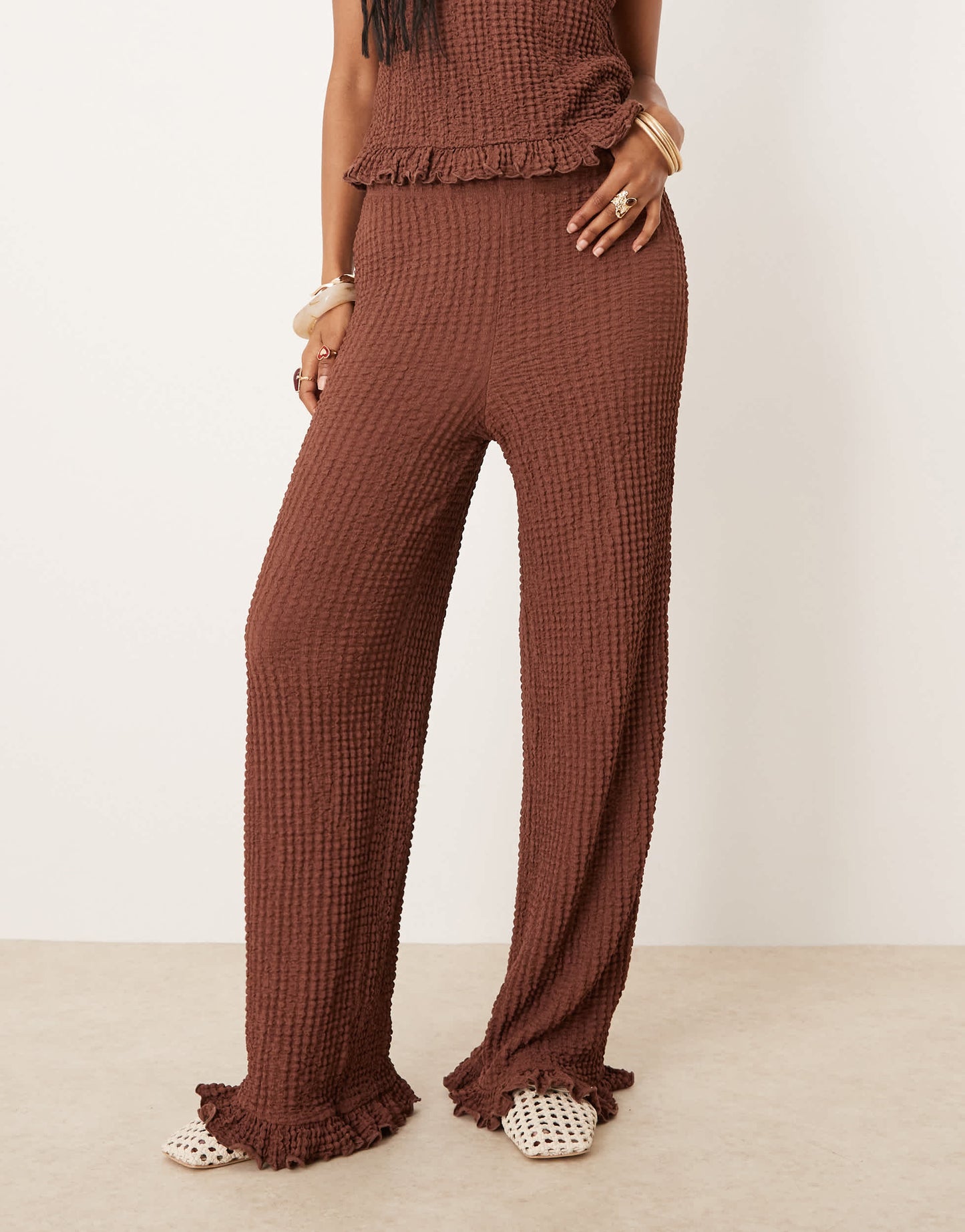 ASOS DESIGN frill hem textured wide leg trouser co ord in brown