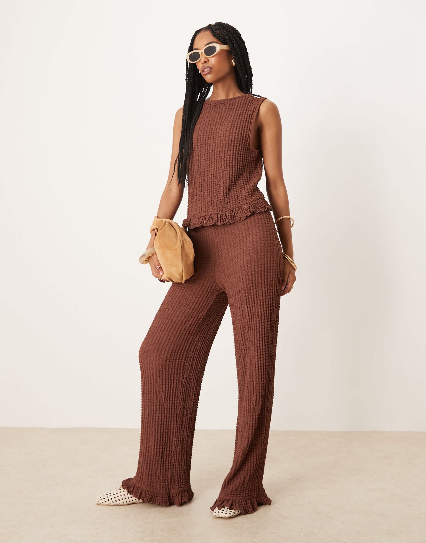 ASOS DESIGN textured  boxy frill hem slash neck top co ord in brown