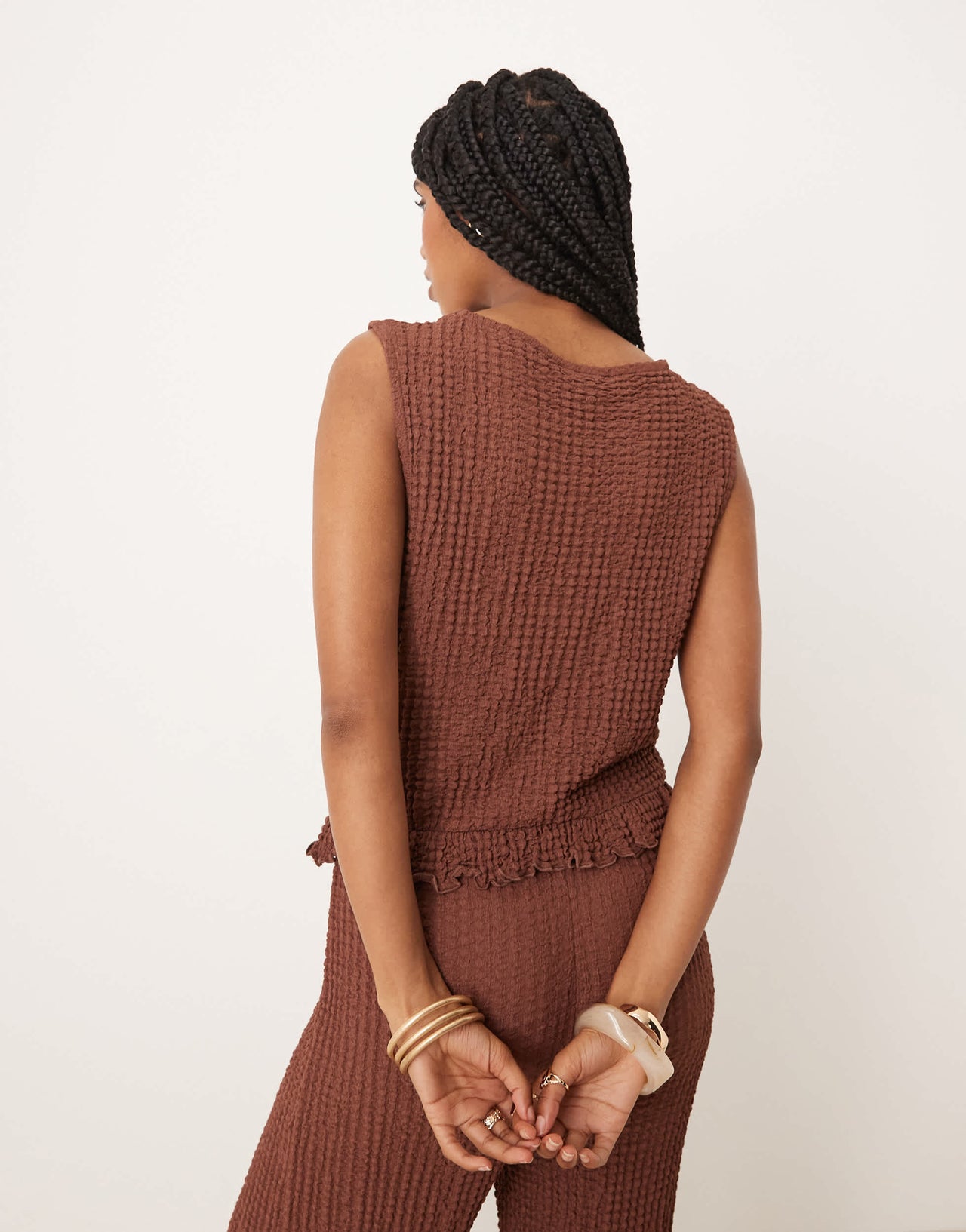 ASOS DESIGN textured  boxy frill hem slash neck top co ord in brown