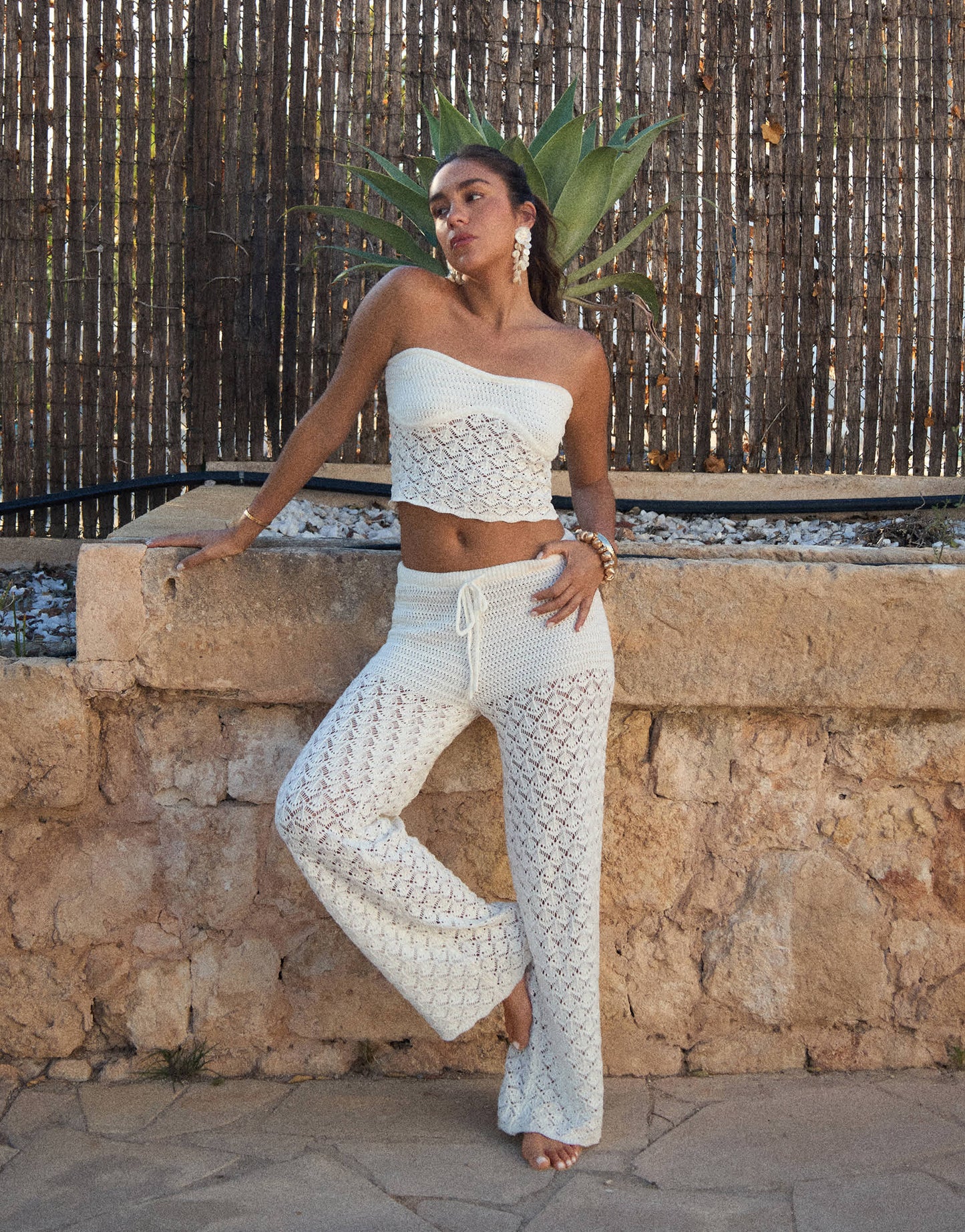 4th & Reckless x Luana Barron cotton rich mixed crochet bandeau scallop trim beach top co-ord in cream