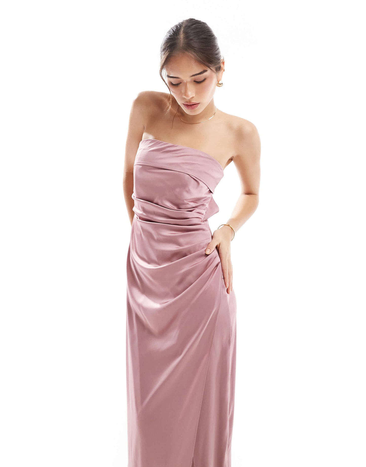 TFNC Bridesmaids bandeau satin maxi dress with tie back in mauve pink