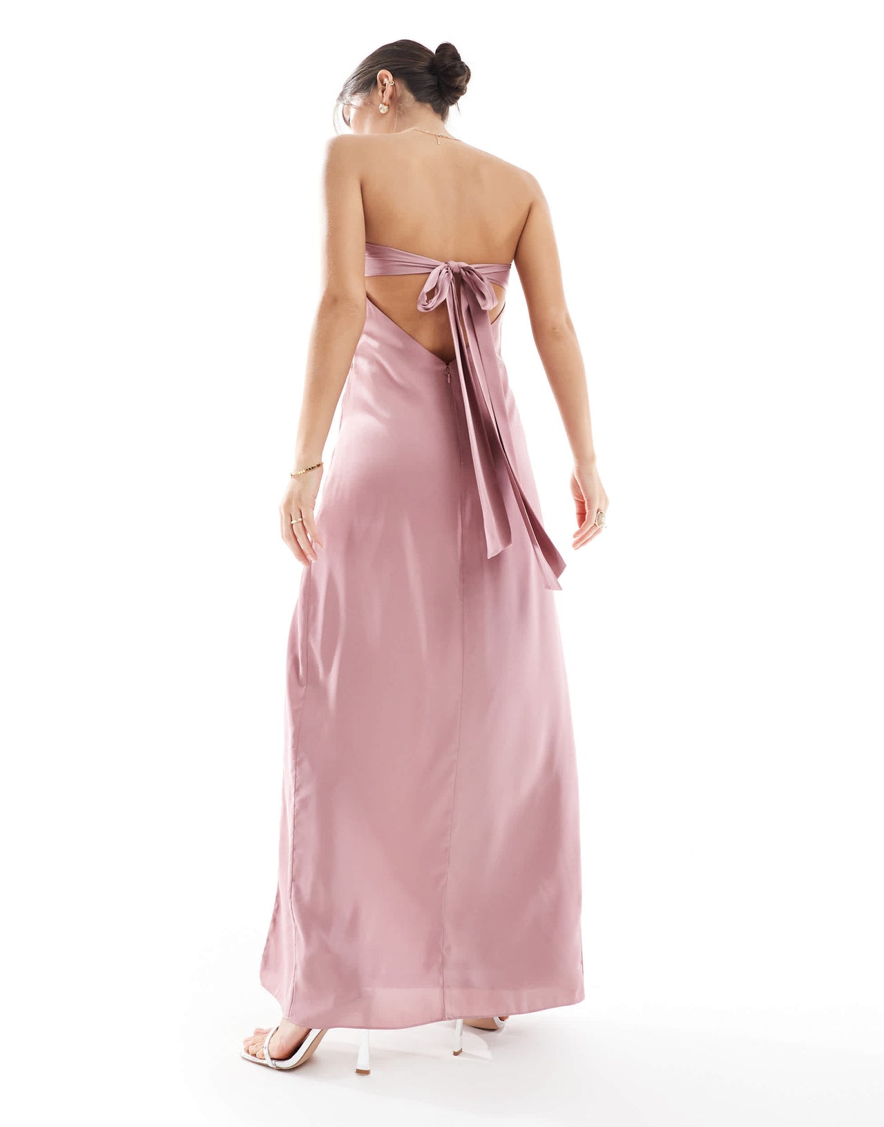 TFNC Bridesmaids bandeau satin maxi dress with tie back in mauve pink