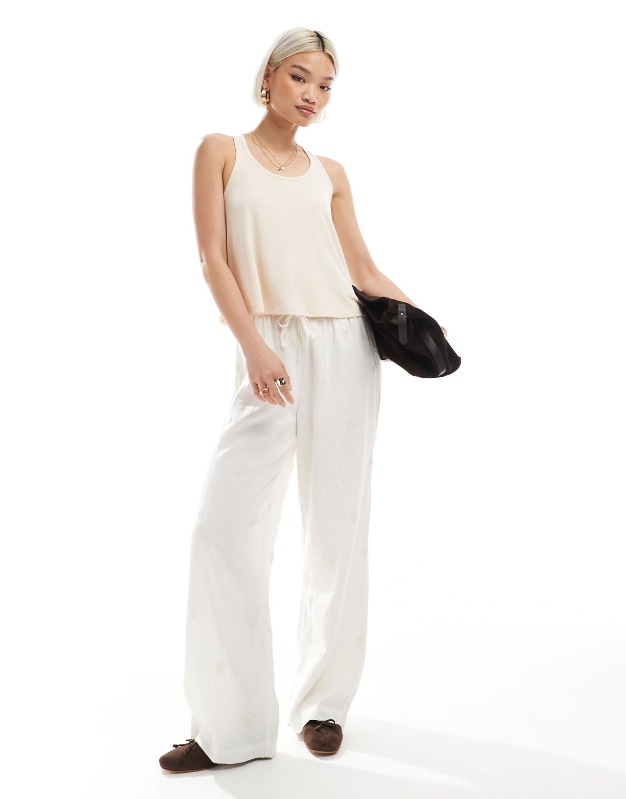 Miss Selfridge knot back floaty racer vest in cream