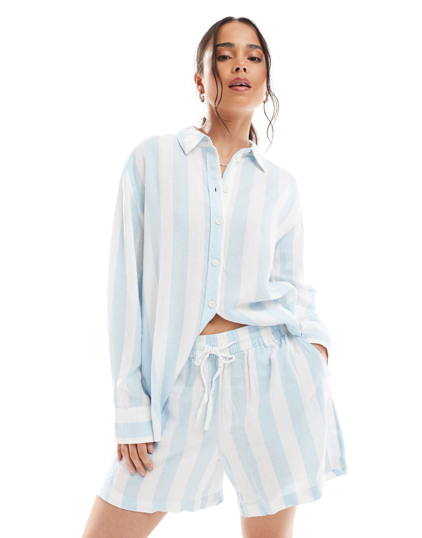 Vero Moda linen touch shorts co-ord in pale blue stripe