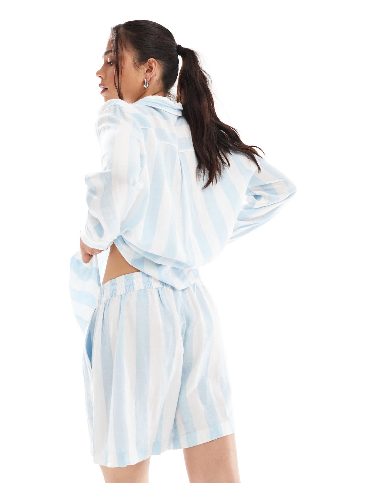 Vero Moda linen touch shorts co-ord in pale blue stripe