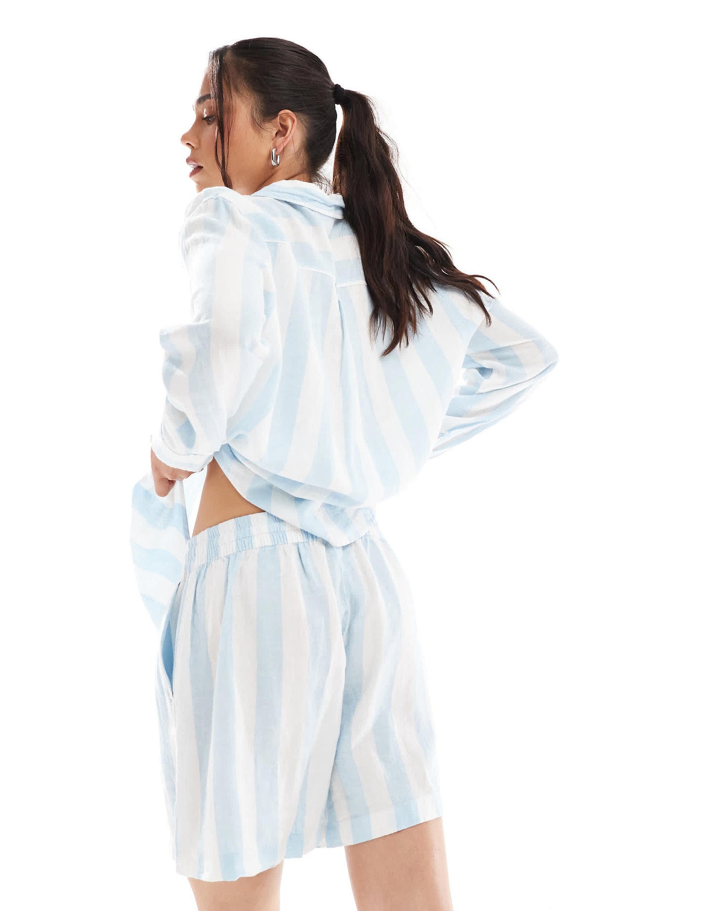 Vero Moda linen touch shorts co-ord in pale blue stripe