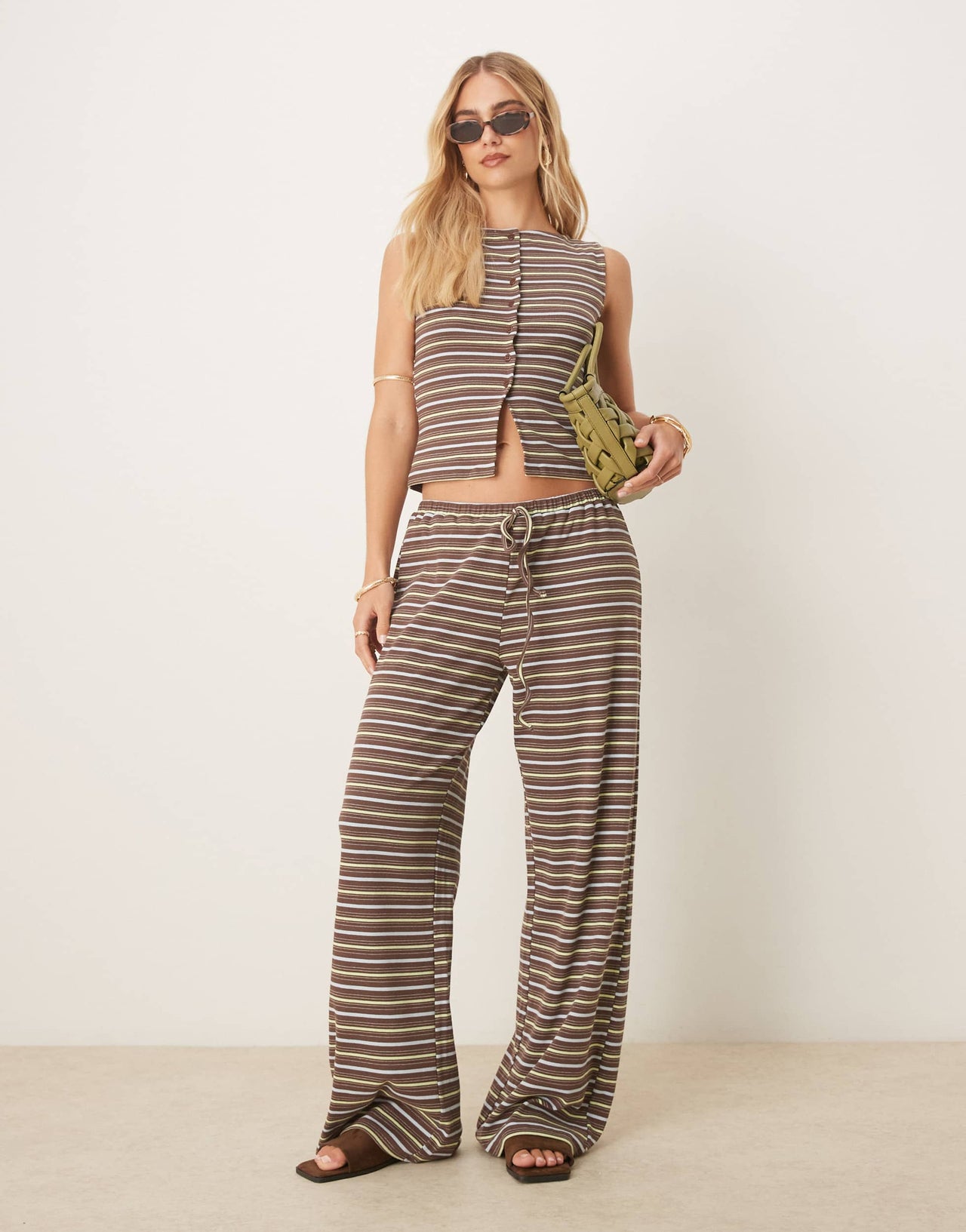 ASOS DESIGN stripe button through sleeveless slash neck top in brown