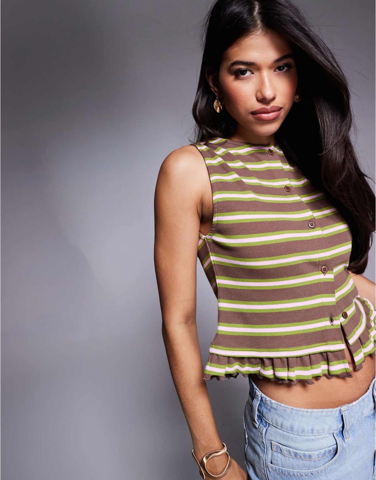 ASOS DESIGN stripe ruffle sleeveless boxy top in brown