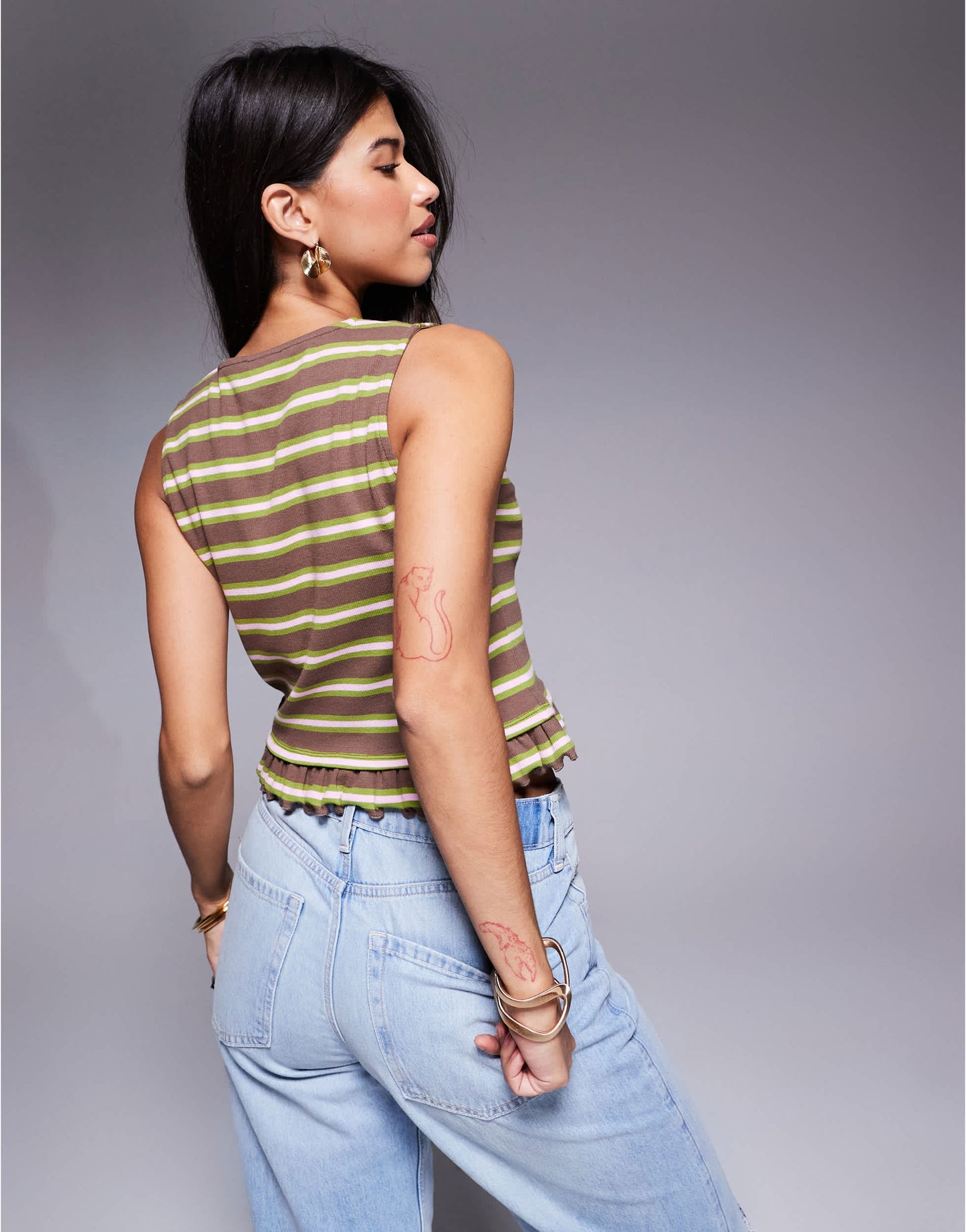 ASOS DESIGN stripe ruffle sleeveless boxy top in brown