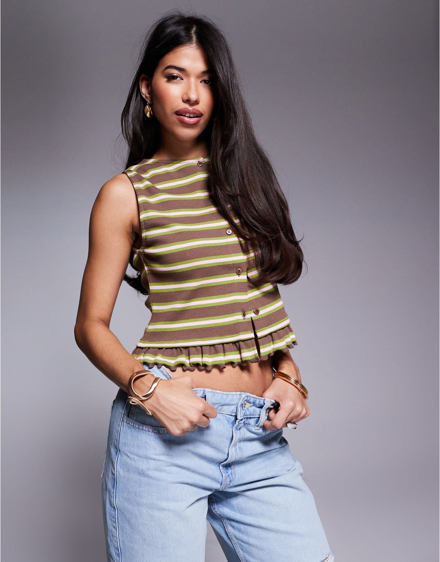 ASOS DESIGN stripe ruffle sleeveless boxy top in brown