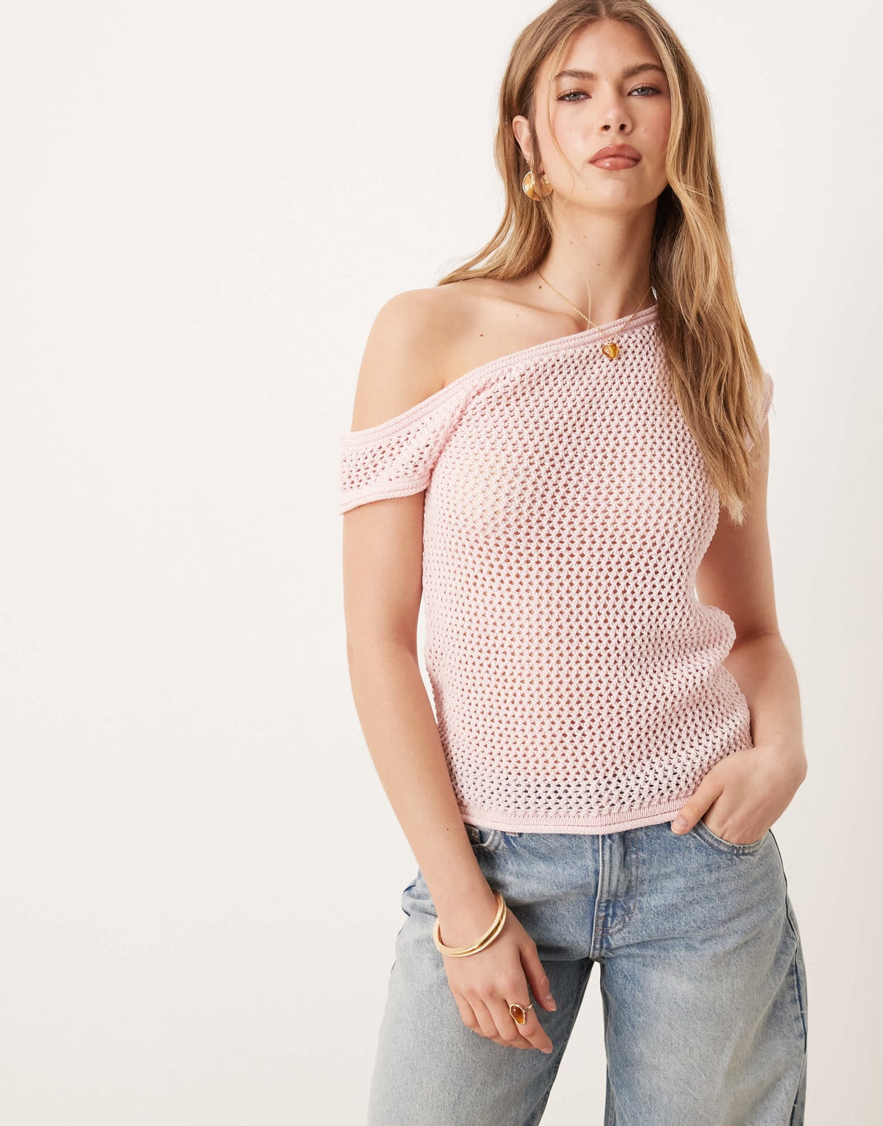 ASOS DESIGN knitted one shoulder top in soft pink