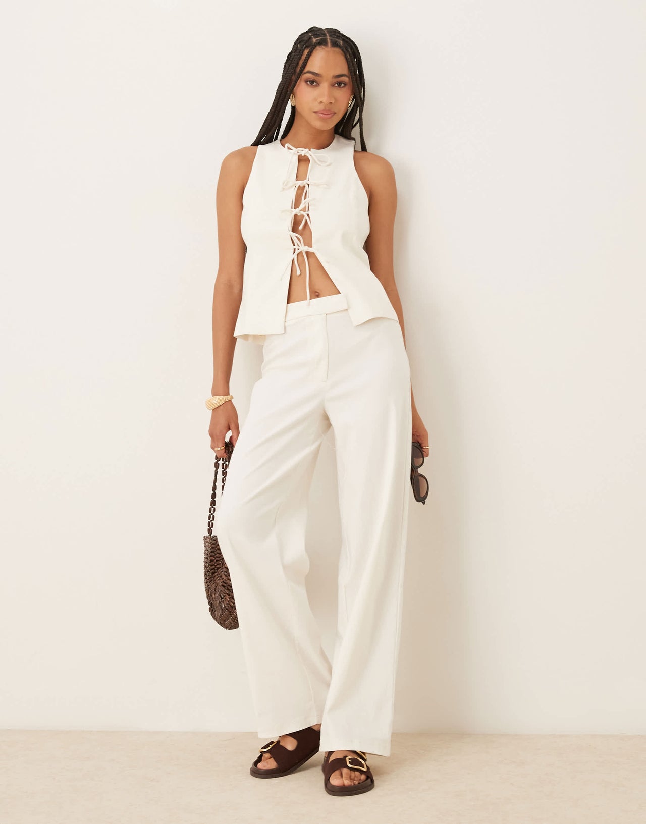 Mango tie front linen mix waistcoat co-ord in white