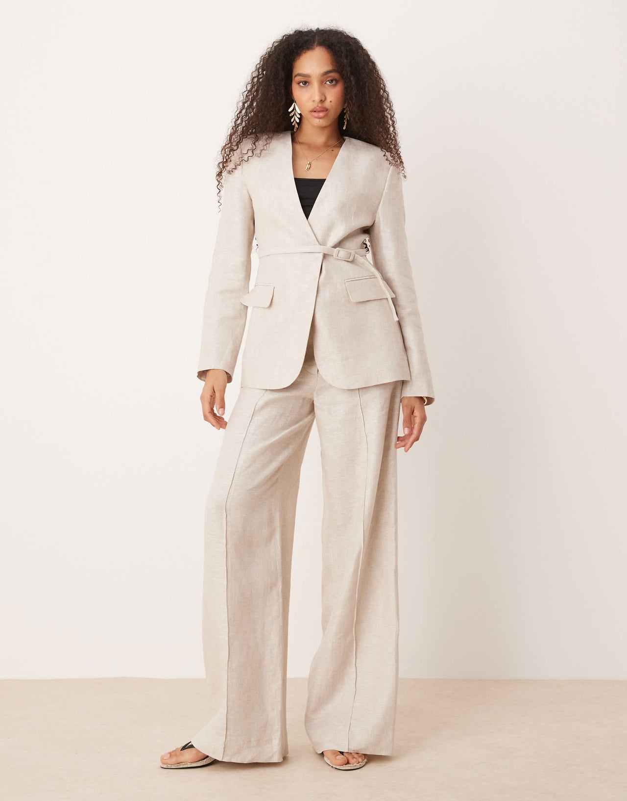 Mango linen mix mid waist straight leg trouser co-ord in oatmeal