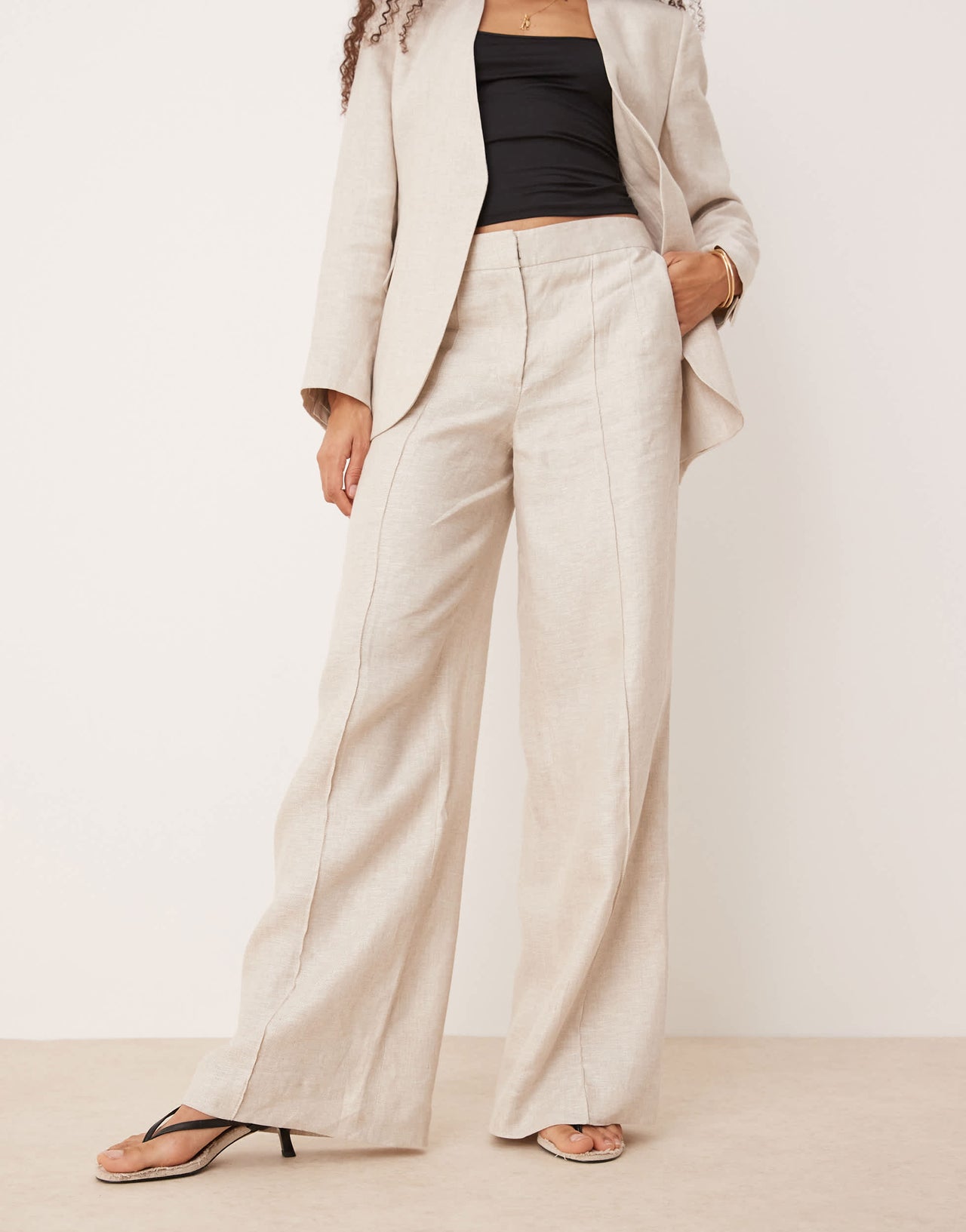 Mango linen mix mid waist straight leg trouser co-ord in oatmeal