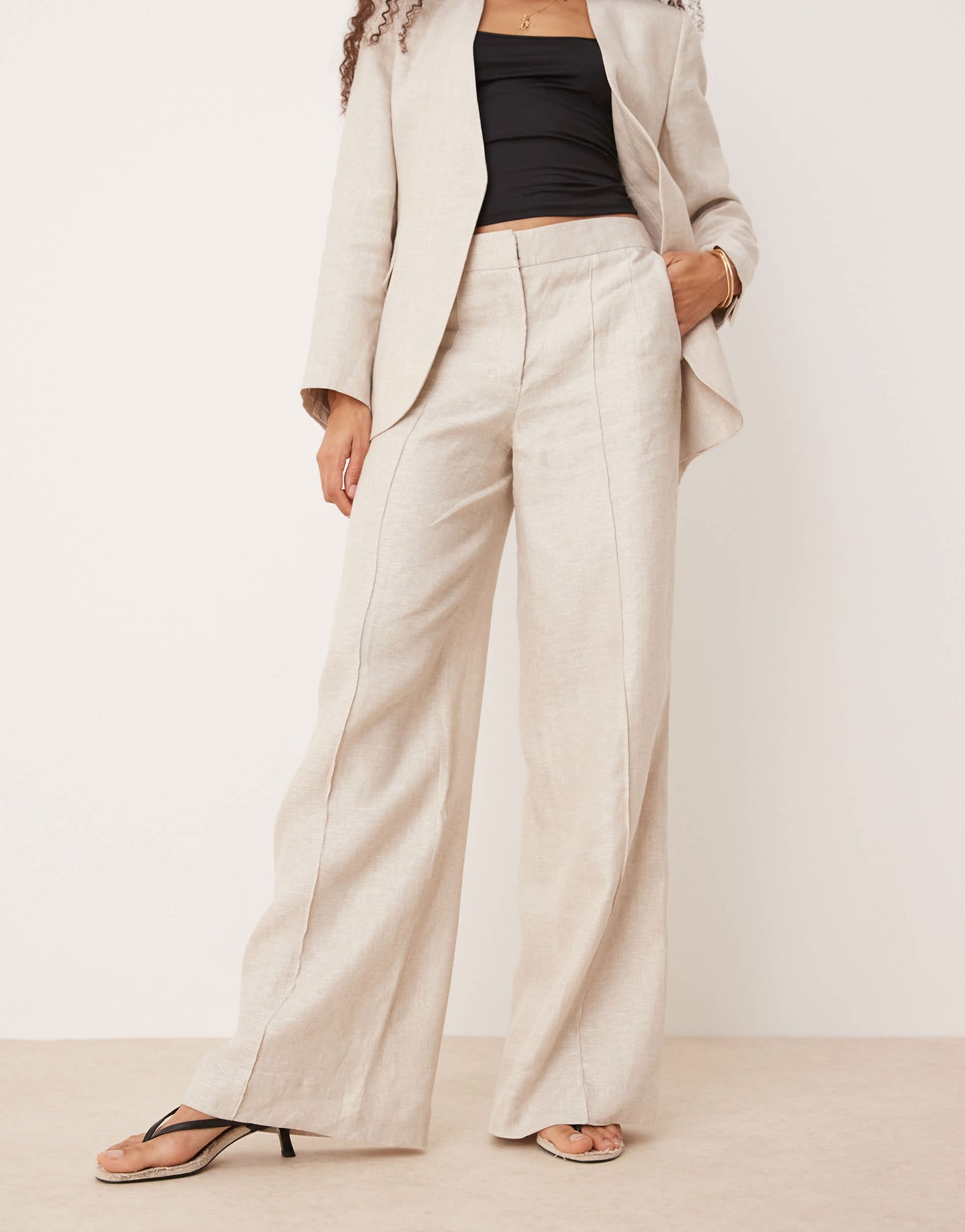 Mango linen mix mid waist straight leg trouser co-ord in oatmeal