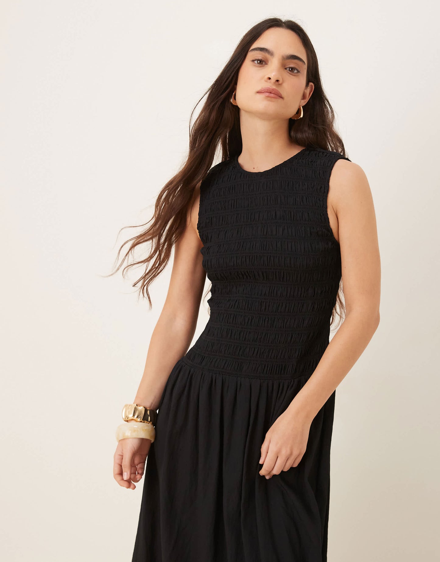 Mango shirred body dropped waist midi dress in black