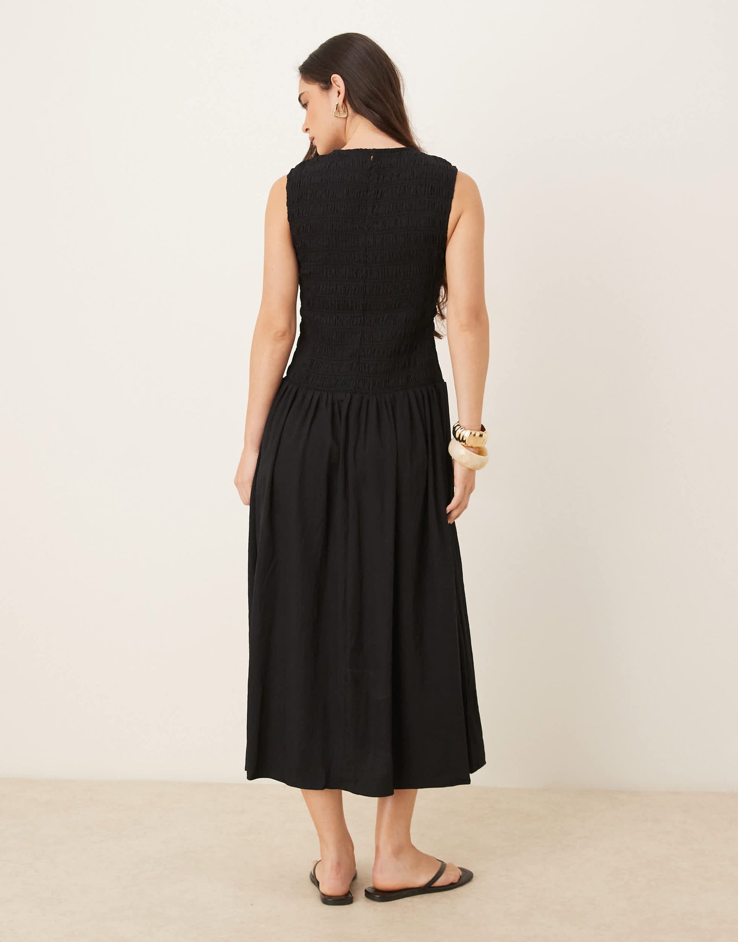 Mango shirred body dropped waist midi dress in black