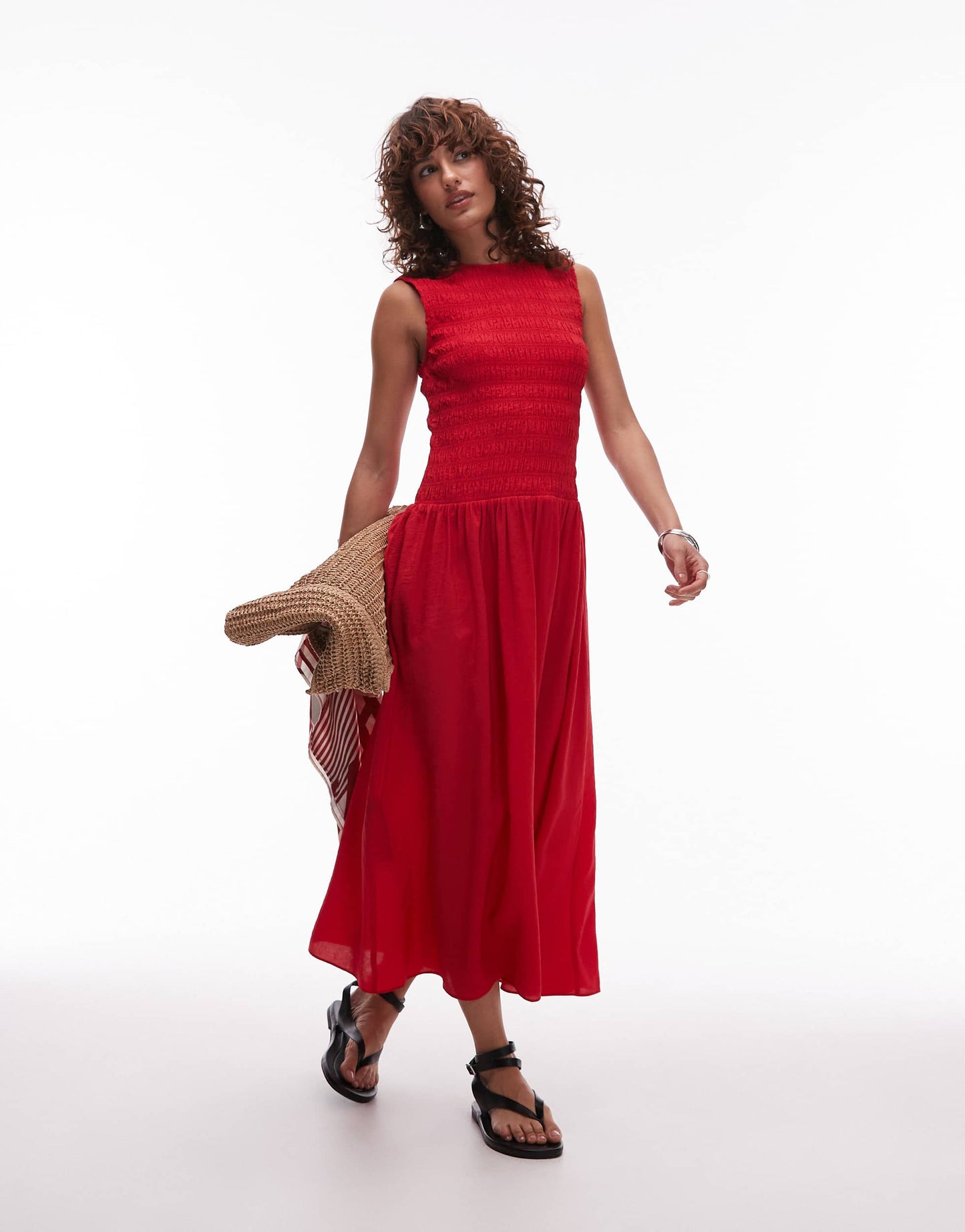 Mango shirred body dropped waist midi dress in red