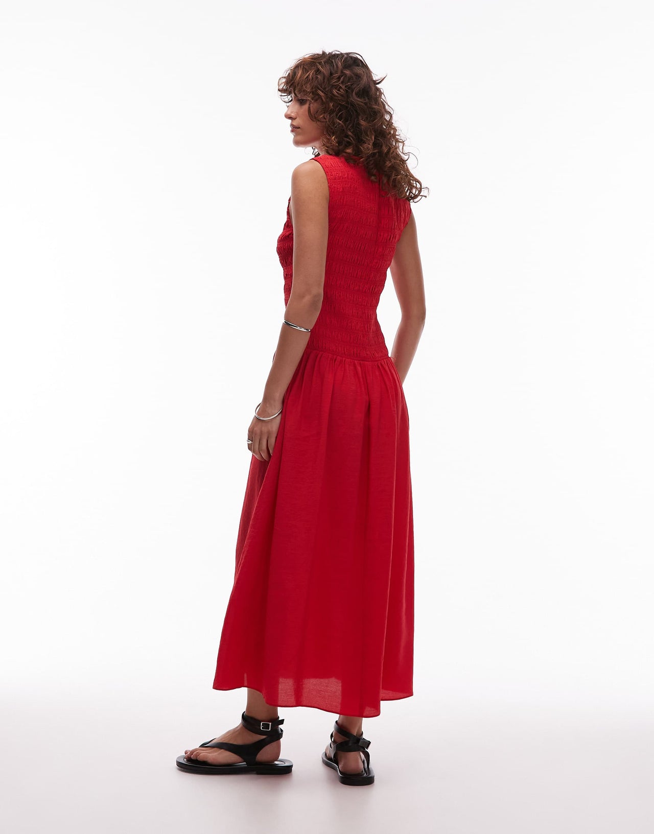 Mango shirred body dropped waist midi dress in red