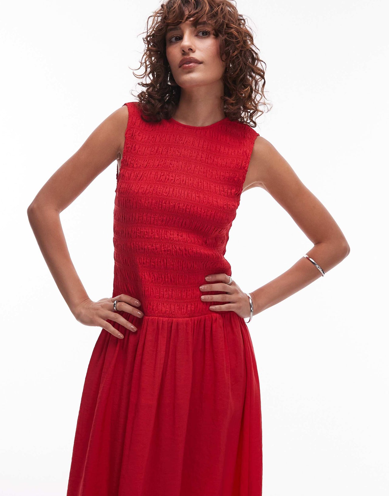 Mango shirred body dropped waist midi dress in red