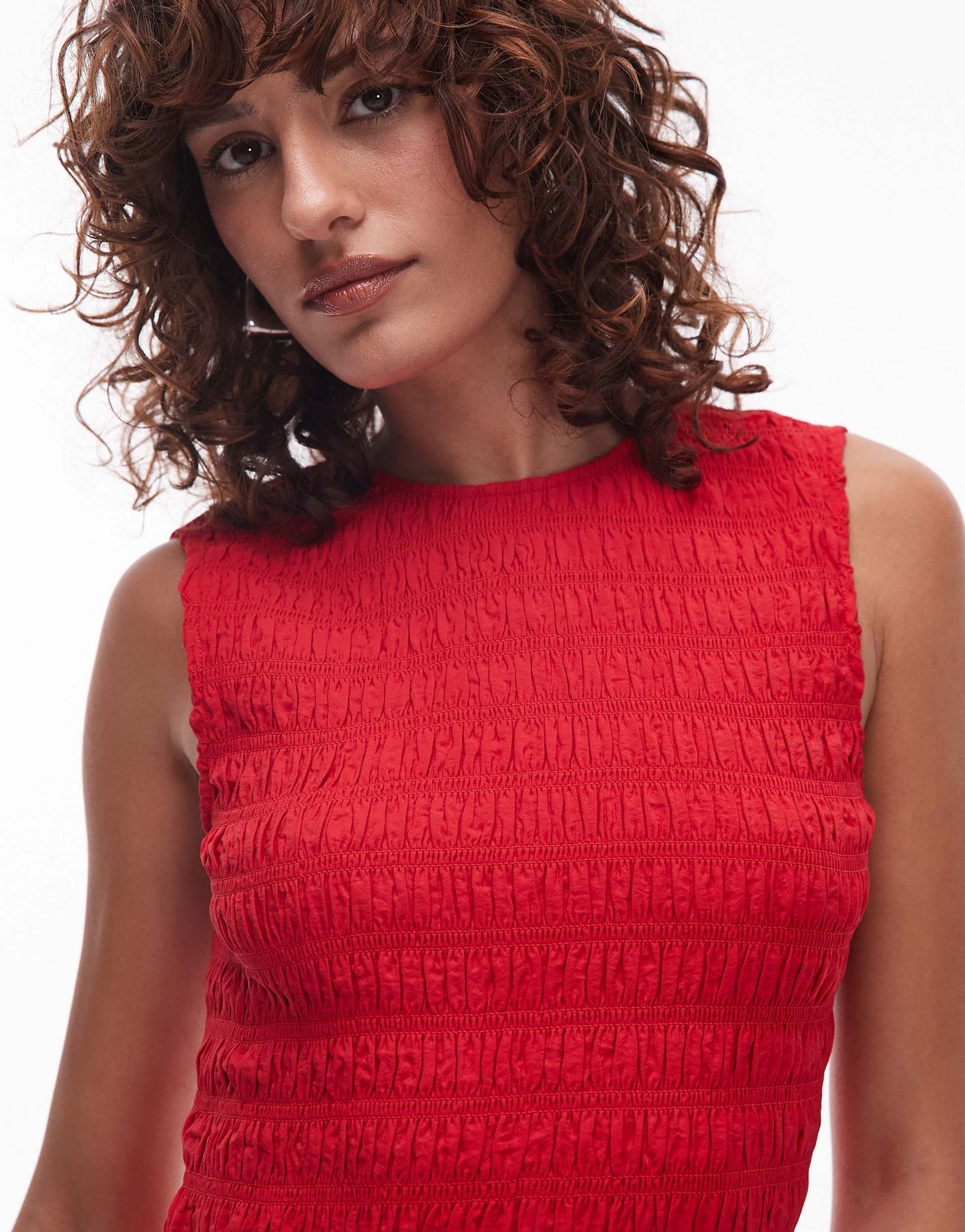 Mango shirred body dropped waist midi dress in red