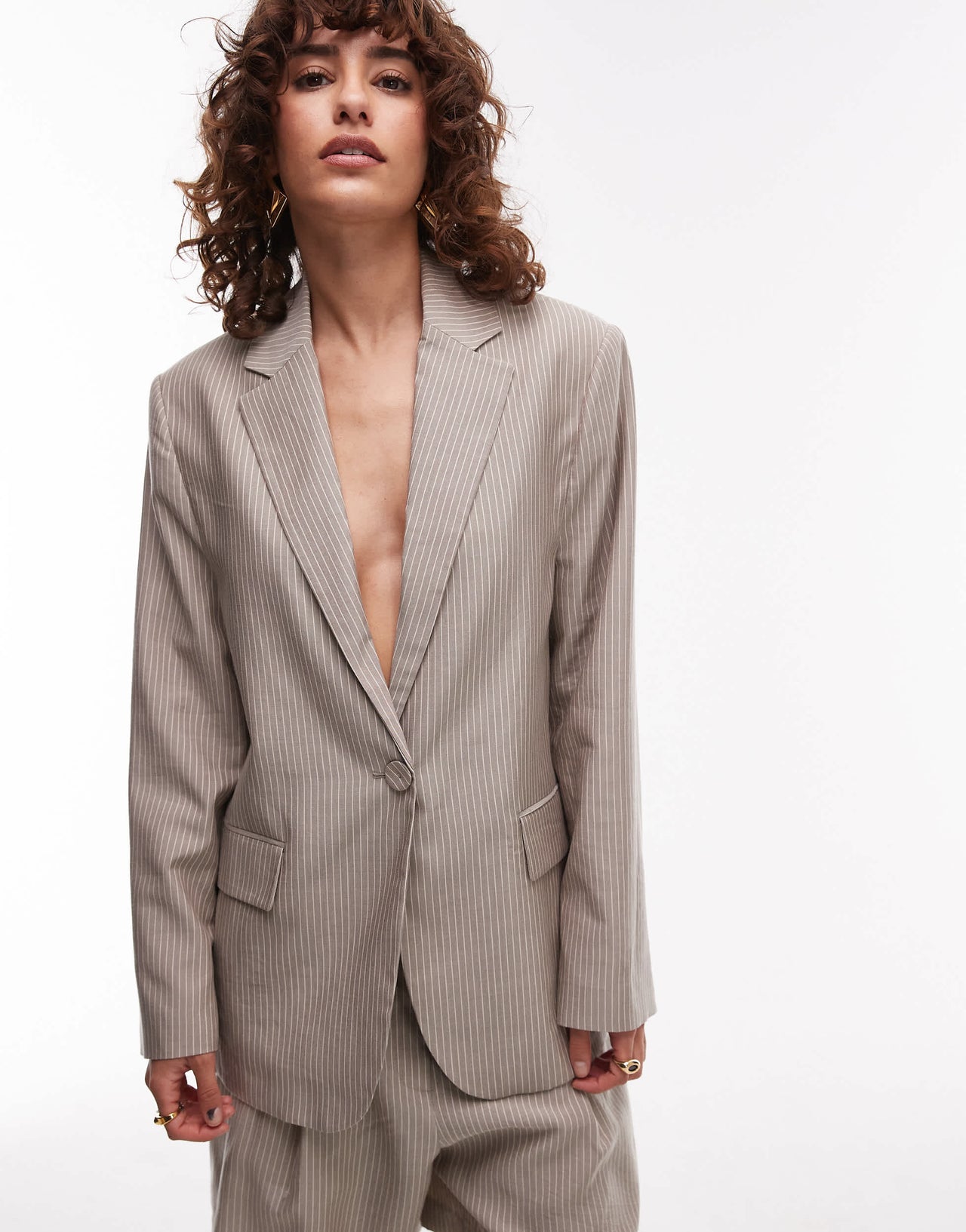 Mango cotton pinstripe blazer co-ord in brown