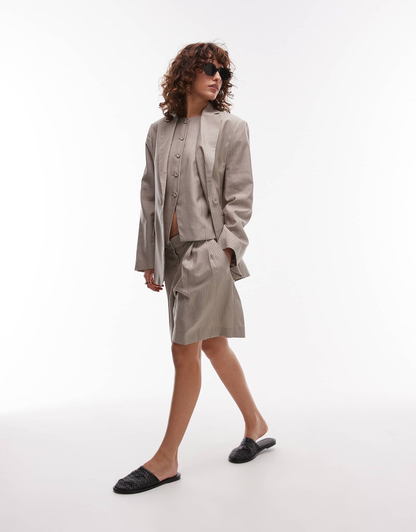 Mango cotton pinstripe blazer co-ord in brown
