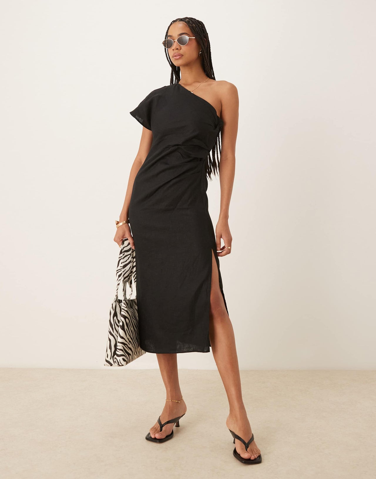 Mango one shoulder ruched waist linen dress in black
