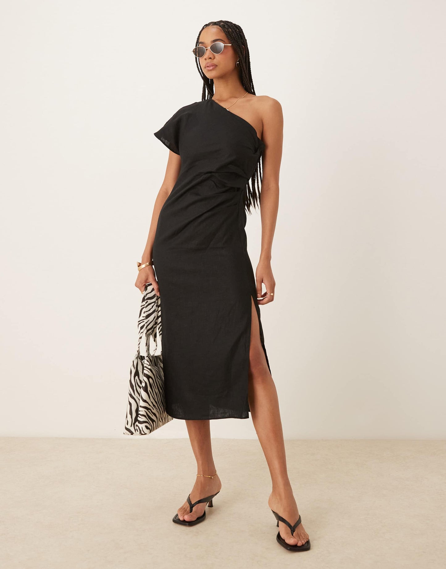 Mango one shoulder ruched waist linen dress in black