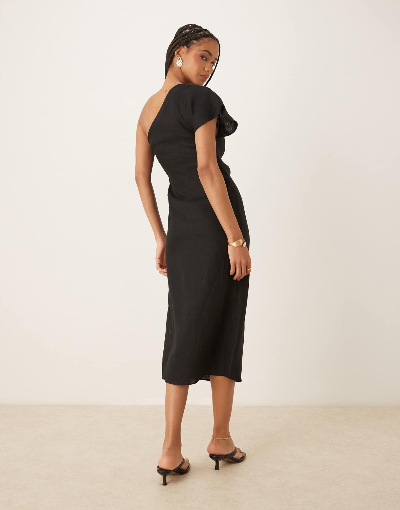 Mango one shoulder ruched waist linen dress in black