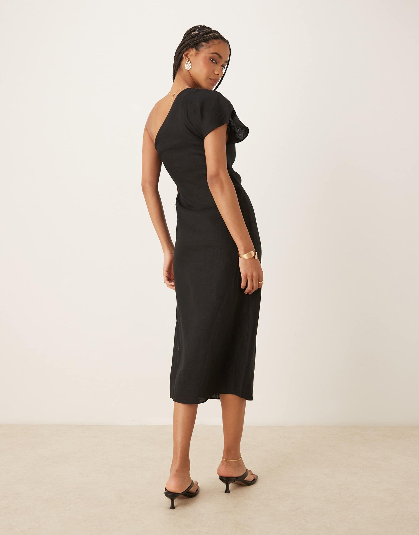 Mango one shoulder ruched waist linen dress in black