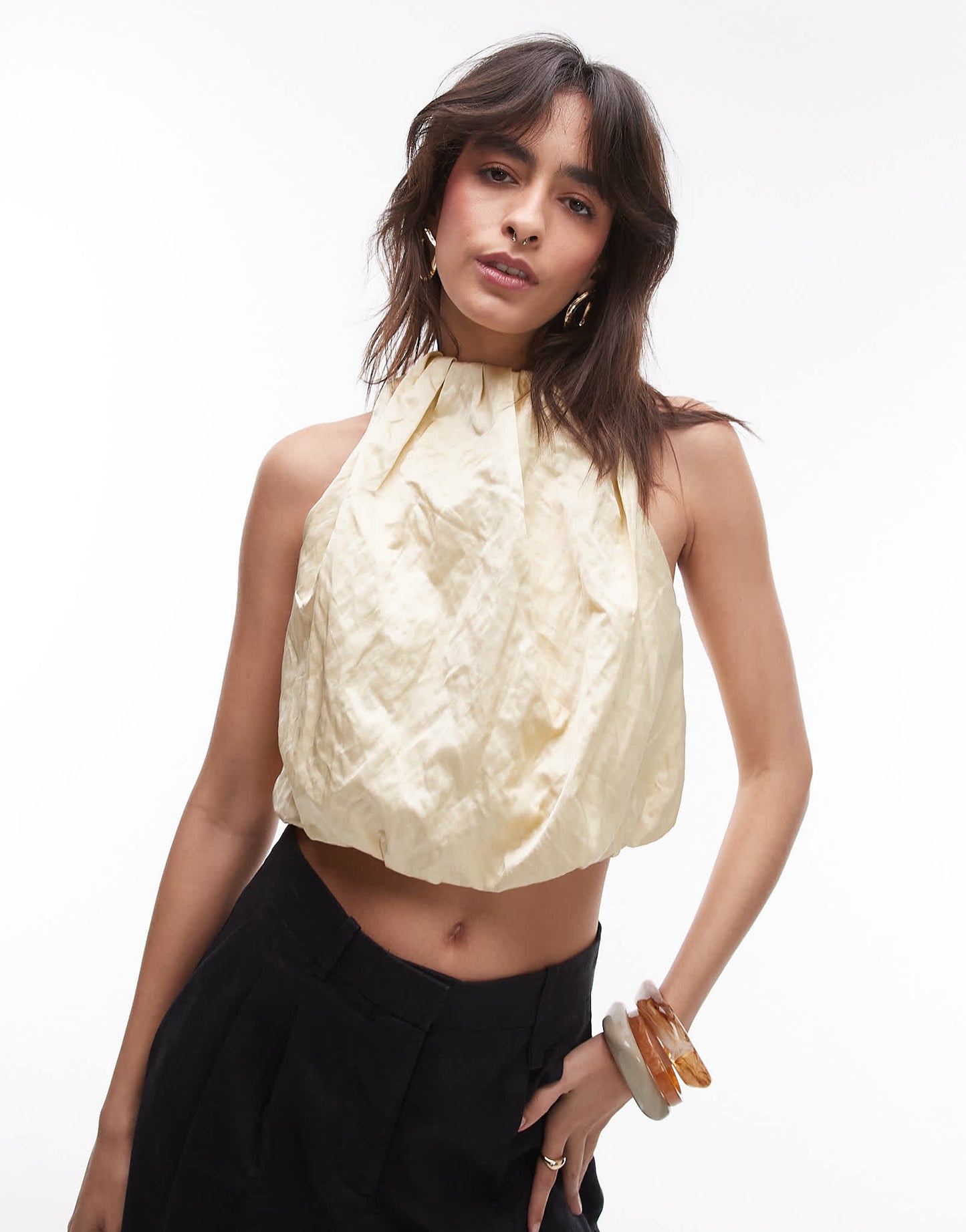 Mango capsule pleated volume sleeve top in ecru