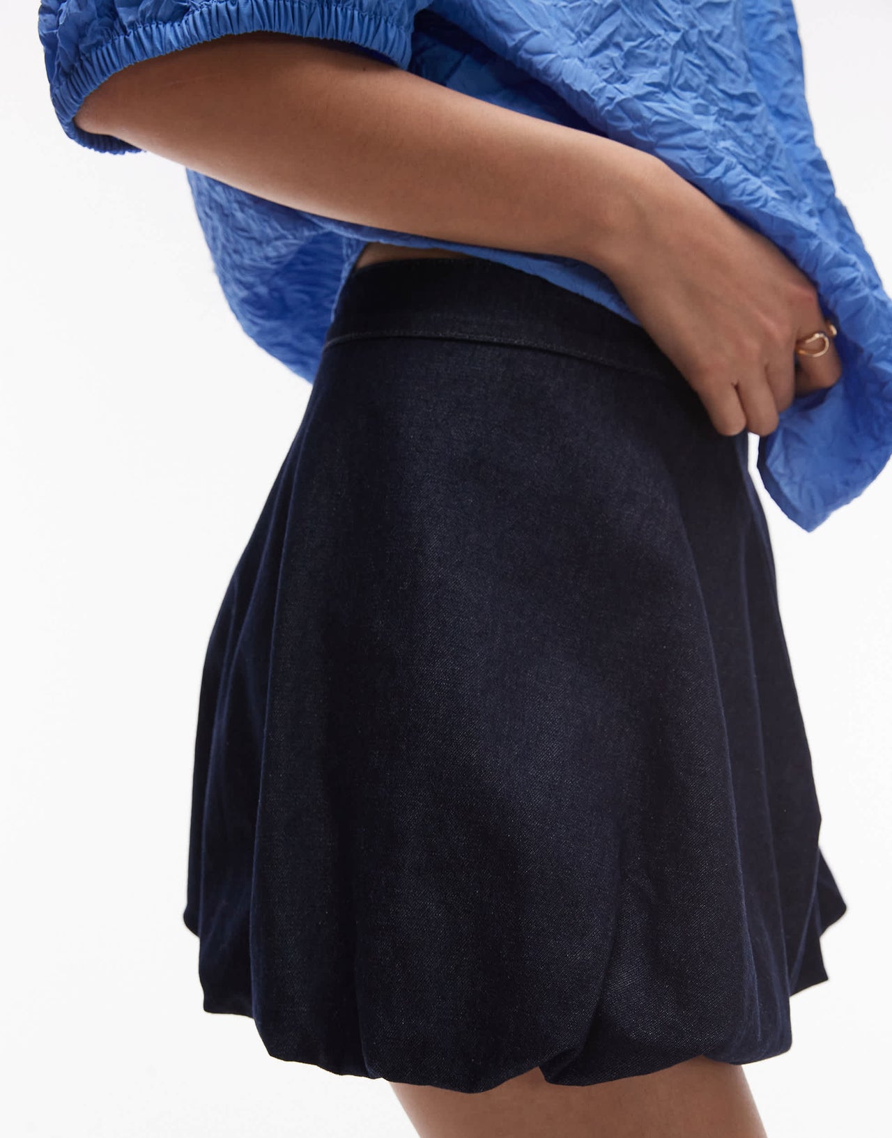 Mango cotton mix soft denim bubble mini skirt in indigo