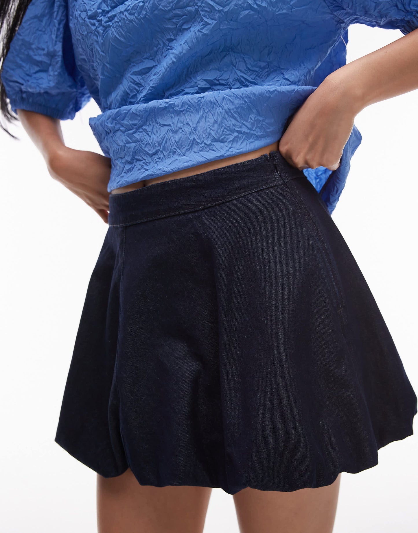 Mango cotton mix soft denim bubble mini skirt in indigo
