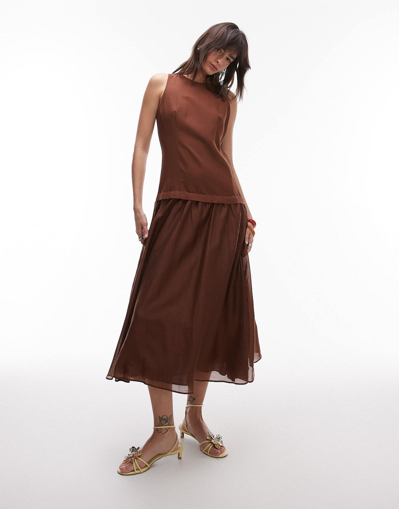 Mango linen dropped waist maxi dress with sheer hem in chocolate