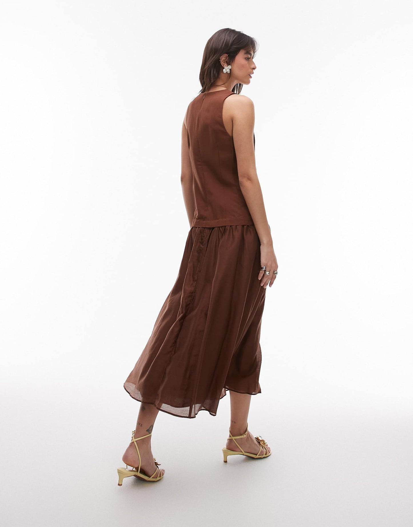 Mango linen dropped waist maxi dress with sheer hem in chocolate