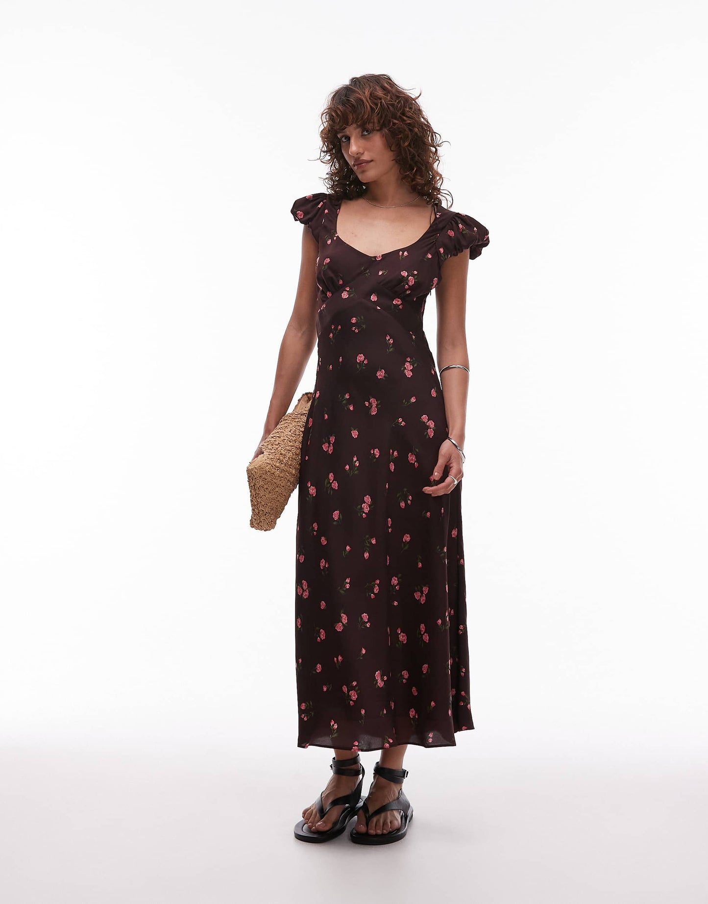 Mango scoop neck floral midi dress in brown