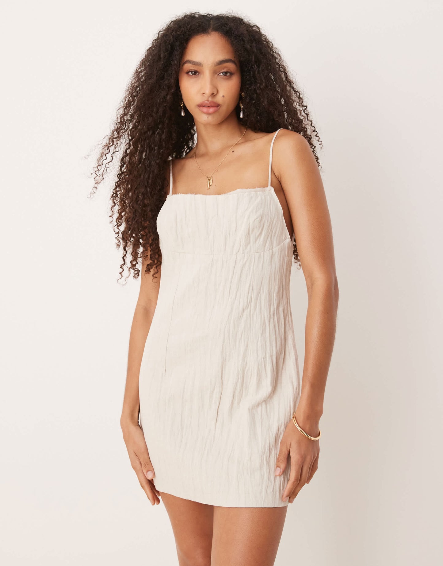 Mango linen blend textured mini dress with frayed neckline in light biege