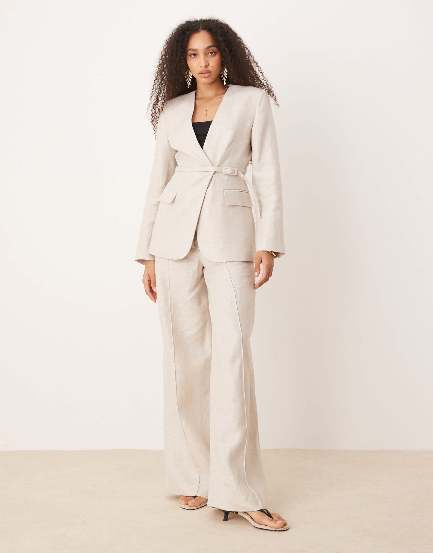 Mango linen v-neck blazer with cinch waist belt detail co-ord in oatmeal