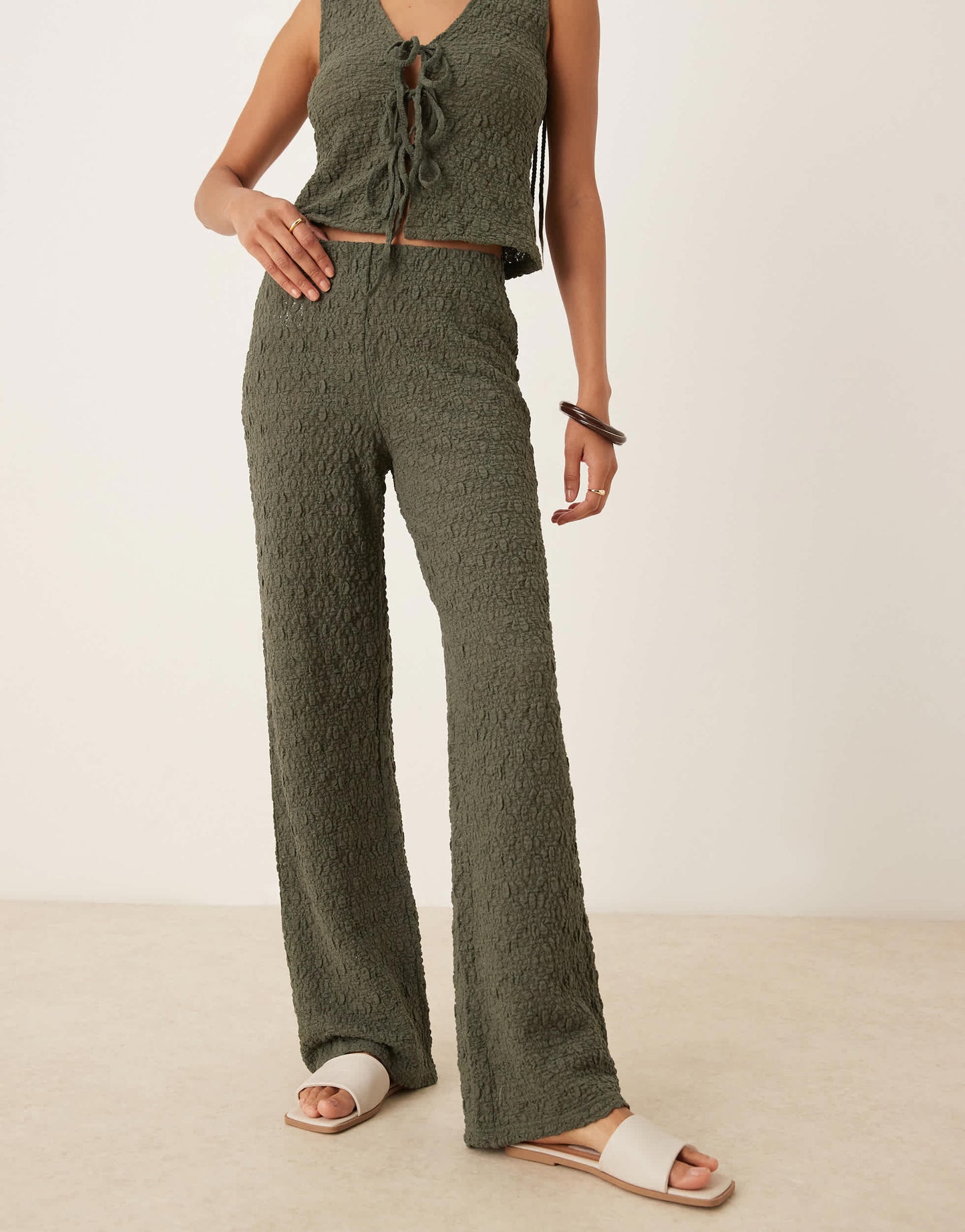 Mango crinkle wide leg trouser co-ord in khaki