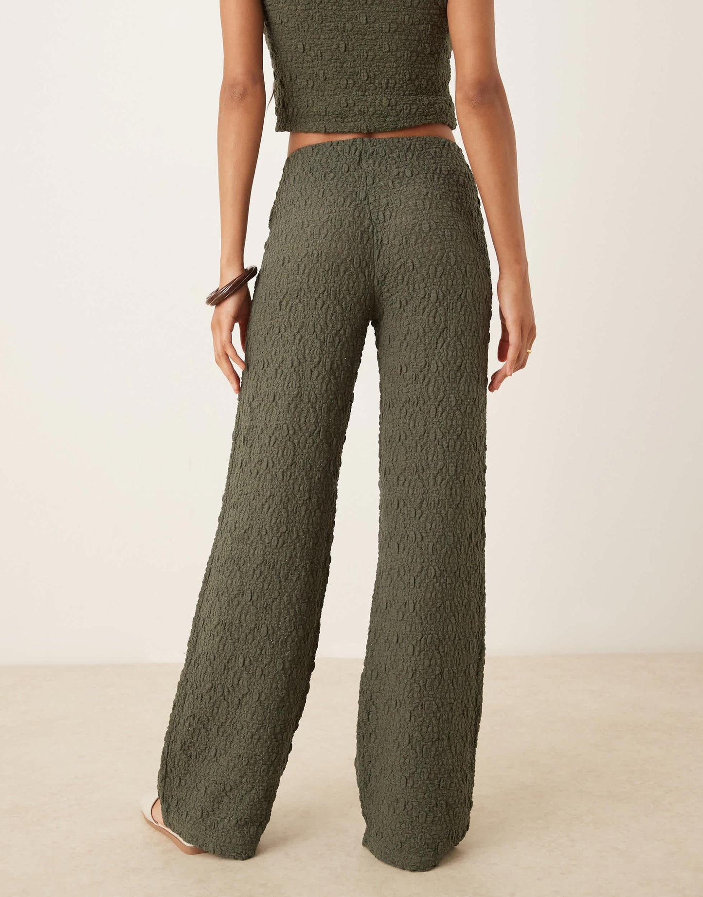 Mango crinkle wide leg trouser co-ord in khaki