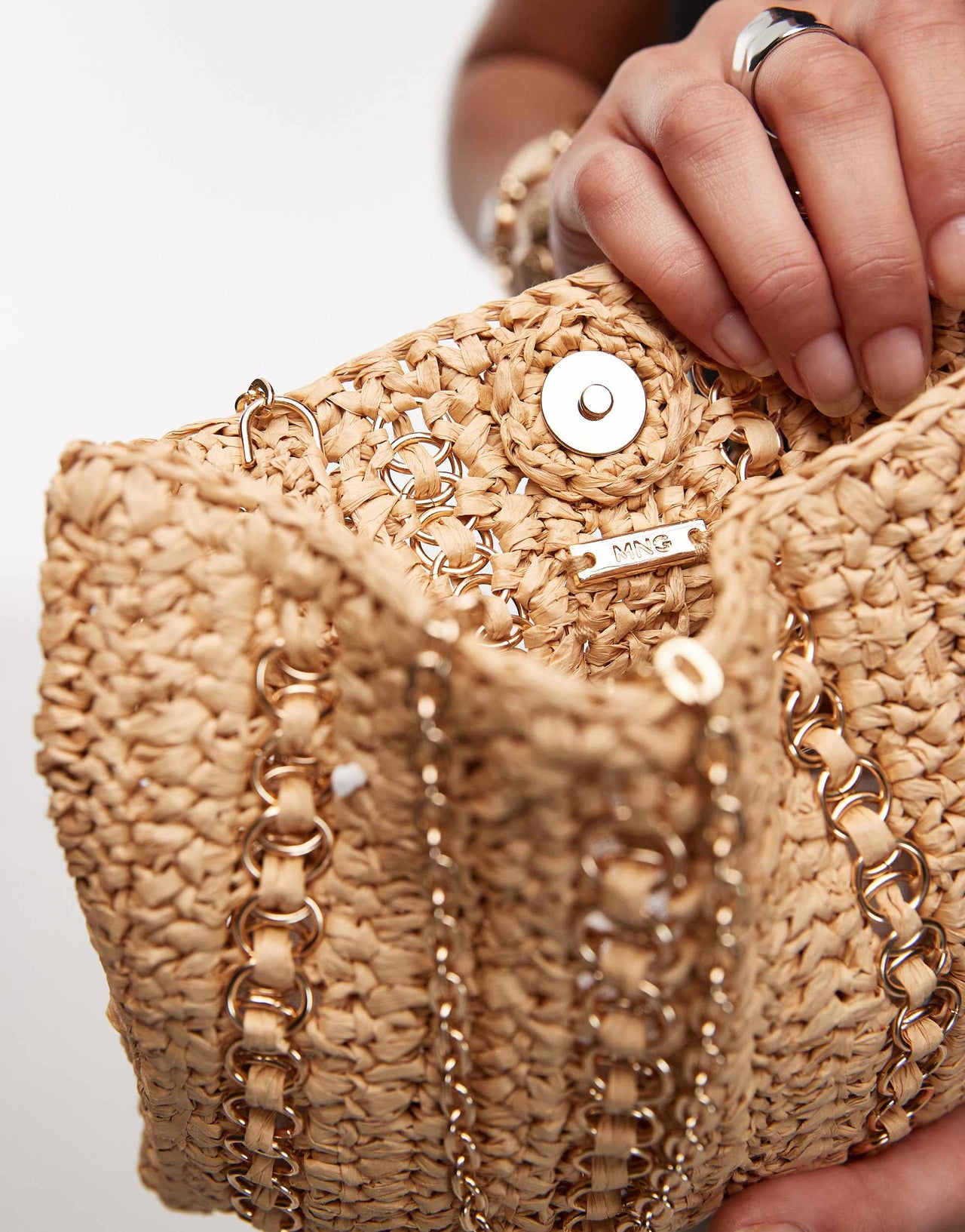 Mango raffia metal hoop detailed shoulder bag in light beige